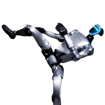 Ben, humanoider Roboter, bei einem hohen Kick.
