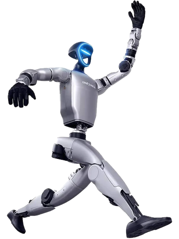Ben, humanoider Roboter, im Ausfallschritt mit erhobenem Arm.